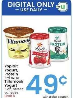 Yoplait Yogurt, Protein 4-6 oz. or Tillamook Yogurt 6 oz. - select varieties