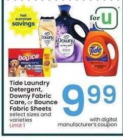 Tide Laundry Detergent, Downy Fabric Care, or Bounce Fabric Sheets - select sizes and varieties