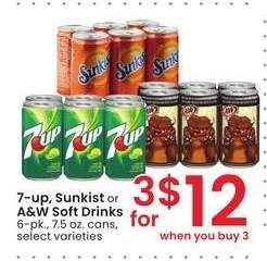 7-Up, Sunkist or A&W Soft Drinks - 6 - pk., 7.5 oz. cans, select varieties