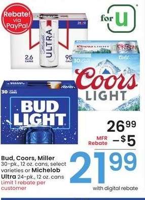 Bud, Coors, Miller 30-pk., 12 oz. cans, select varieties or Michelob Ultra 24-pk., 12 oz. cans