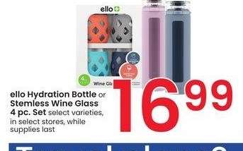 ello Hydration Bottle or Stemless Wine Glass 4 pc. Set - select varieties