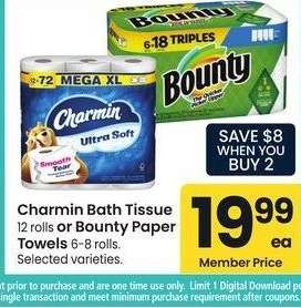 Charmin Bath Tissue 12 rolls or Bounty Paper Towels 6-8 rolls. - Selected varieties.
