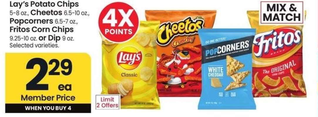 Lay's Potato Chips 5-8 oz., Cheetos 6.5-10 oz., Popcorners 6.5-7 oz., Fritos Corn Chips 9.25-10 oz. or Dip 9 oz. - Selected varieties