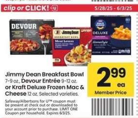 Jimmy Dean Breakfast Bowl 7-9 oz., Devour Entrée 9-12 oz. or Kraft Deluxe Frozen Mac & Cheese 12 oz. - Selected varieties.