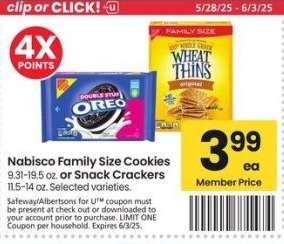 Nabisco Family Size Cookies 9.31-19.5 oz. or Snack Crackers 11.5-14 oz. - Selected varieties.