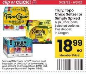 Truly, Topo Chico Seltzer or Simply Spiked - 12 pk., 12 oz. cans. Selected varieties.