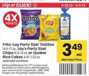 Frito-Lay Party Size! Tostitos 14.5-17 oz., Lay's Party Size! Chips 8.12-13 oz. or Quaker Rice Cakes 4.47-7.23 oz. - selected varieties.
