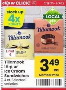 Tillamook 1.5 qt. or Ice Cream Sandwiches 4 ct. - Selected varieties.
