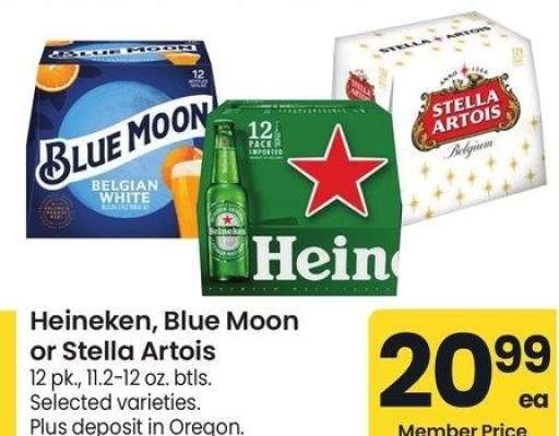 Heineken, Blue Moon or Stella Artois - 12 pk., 11.2-12 oz. btls. Selected varieties.