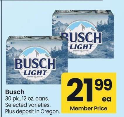 Busch - 30 pk., 12 oz. cans. Selected varieties.