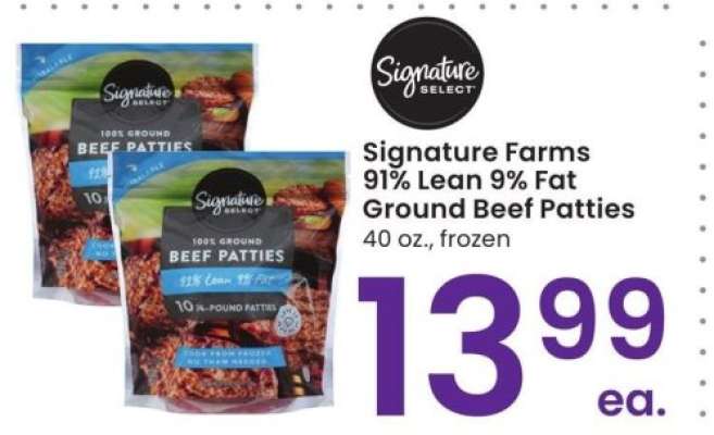 Signature Farms 91% Lean 9% Fat Ground Beef Patties - 40 oz., frozen
