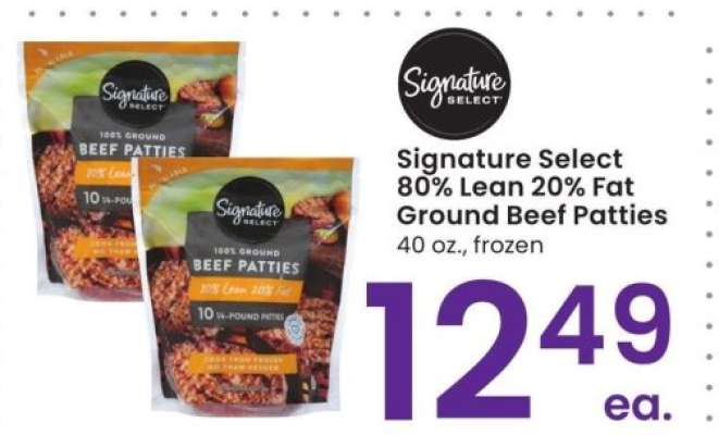 Signature Select 80% Lean 20% Fat Ground Beef Patties - 40 oz., frozen