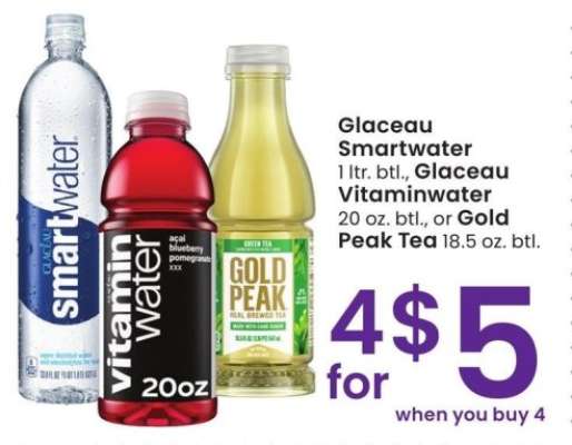 Glaceau Smartwater 1 ltr. btl., Glaceau Vitaminwater 20 oz. btl., or Gold Peak Tea 18.5 oz. btl.