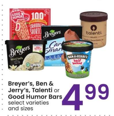 Breyer's, Ben & Jerry's, Talenti or Good Humor Bars - select varieties and sizes