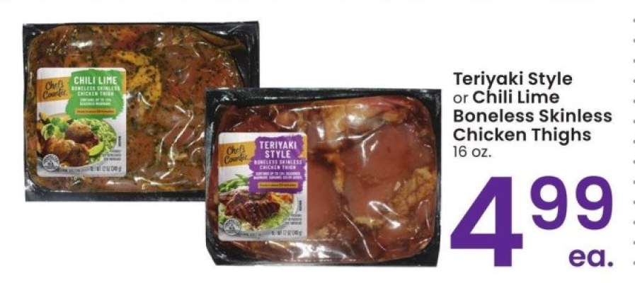 Teriyaki Style or Chili Lime Boneless Skinless Chicken Thighs
