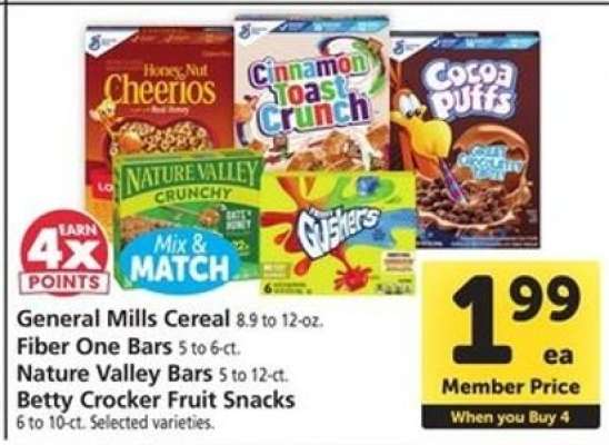 General Mills Cereal, Fiber One Bars, Nature Valley Bars, Betty Crocker Fruit Snacks