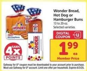 Wonder Bread, Hot Dog or Hamburger Buns