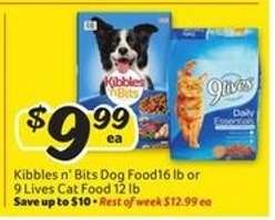 Kibbles n' Bits Dog Food 16 lb or 9 Lives Cat Food 12 lb