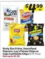 Party Size Fritos, Smartfood Popcorn, Lay's Potato Chips or Cape Cod Kettle Chips
