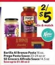 Barilla Al Bronzo Pasta, Prego Pasta Sauce, SE Grocers Alfredo Sauce