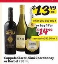 Coppola Claret, Simi Chardonnay or Korbel