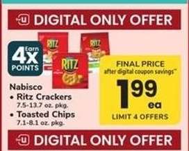 Nabisco Ritz crackers or toasted chips
