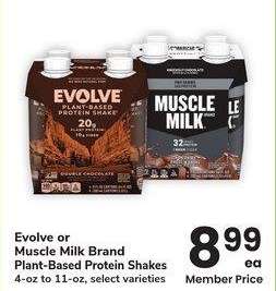 Evolve or Muscle Milk Brand Plant-Based Protein Shakes - 4 - oz to 11 - oz, select varieties