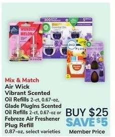 Air Wick Vibrant Scented Oil Refills 2-ct, 0.67-oz, Glade PlugIns Scented Oil Refills 2-ct, 0.67-oz or Febreze Air Freshener Plug Refill 0.87-oz