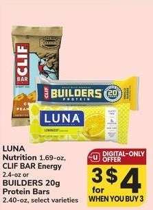 LUNA Nutrition 1.69-oz, CLIF BAR Energy 2.4-oz or BUILDERS 20g Protein Bars 2.40-oz - select varieties