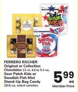 FERRERO ROCHER Original or Collection Chocolates 12-ct, 4.6 to 5.3-oz, Sour Patch Kids or Swedish Fish Mini Stand-Up Bag Candy 28.8-oz - select varieties