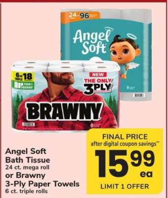 Angel Soft Bath Tissue or Brawny 3-Ply Paper Towels