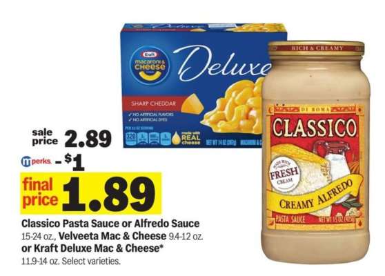 Classico Pasta Sauce or Alfredo Sauce, Velveeta Mac & Cheese, Kraft Deluxe Mac & Cheese