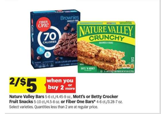 Nature Valley Bars, Mott's or Betty Crocker Fruit Snacks, Fiber One Bars