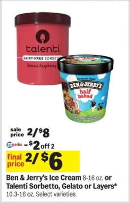 Ben & Jerry’s Ice Cream or Talenti Sorbetto, Gelato or Layers