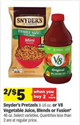 Snyder’s Pretzels or V8 Vegetable Juice