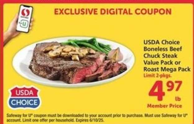 USDA Choice Boneless Beef Chuck Steak Value Pack or Roast Mega Pack