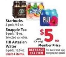 Starbucks, Snapple Tea, FIJI Artesian Water