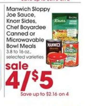 Manwich Sloppy Joe Sauce, Knorr Sides, Chef Boyardee Canned or Microwavable Bowl Meals