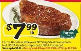 Farms Boneless Ribeye or NY Strip Steak Value Pack