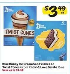 Blue Bunny Ice Cream Sandwiches or Twist Cones