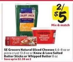 SE Grocers Natural Sliced Cheeses or Know & Love Salted Butter