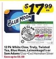 12 Pk White Claw, Truly, Twisted Tea, Blue Moon, Leinenkugel's or Sam Adams