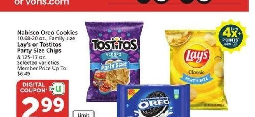 Nabisco Oreo Cookies 10.68-20 oz., Family size Lay's or Tostitos Party Size Chips 8.125-17 oz. - Selected varieties
Member Price Up To: $6.49
