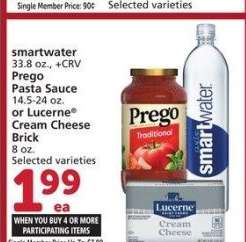 smartwater 33.8 oz., + CRV Prego Pasta Sauce 14.5-24 oz. or Lucerne® Cream Cheese Brick 8 oz. - Selected varieties

Single Member Price Up To: $3.99