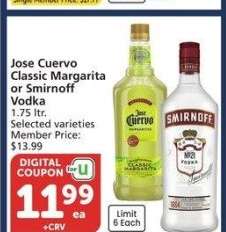 Jose Cuervo Classic Margarita or Smirnoff Vodka - 1.75 ltr. Selected varieties
Member Price: $13.99