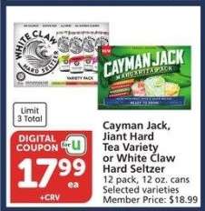 Cayman Jack, Jiant Hard Tea Variety or White Claw Hard Seltzer - 12 pack, 12 oz. cans Selected varieties Member Price: $18.99