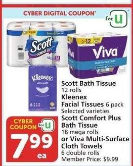 Scott Bath Tissue 12 rolls Kleenex Facial Tissues 6 pack Scott Comfort Plus Bath Tissue 18 mega rolls or Viva Multi-Surface Cloth Towels 6 double rolls - Selected varieties

Member Price: $9.99