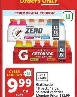 Gatorade - 18 pack, 12 oz. Selected varieties Member Price: $13.99