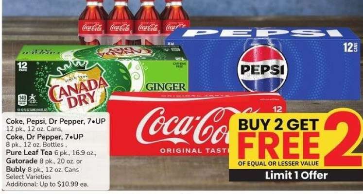 Coke, Pepsi, Dr Pepper, 7 • UP 12 pk., 12 oz. Cans, Coke, Dr Pepper, 7 • UP 8 pk., 12 oz. Bottles, Pure Leaf Tea 6 pk., 16.9 oz., Gatorade 8 pk., 20 oz. or Bubly 8 pk., 12 oz. Cans - Select Varieties