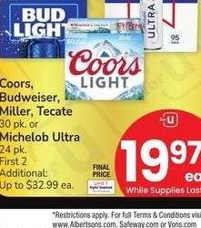 Coors, Budweiser, Miller, Tecate 30 pk. or Michelob Ultra 24 pk.